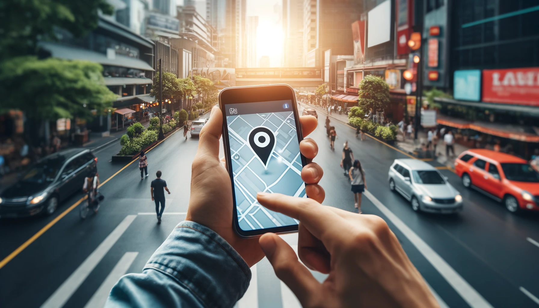 A person using a location-sharing app on their smartphone while navigating a busy urban street. 